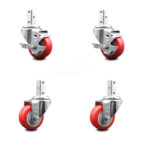Service Caster 3 Inch Red Polyurethane Wheel Swivel 7/8 Inch Square Stem Caster Brakes, 2PK SCC-SQ20S314-PPUB-RED-TLB-78-2-S-2